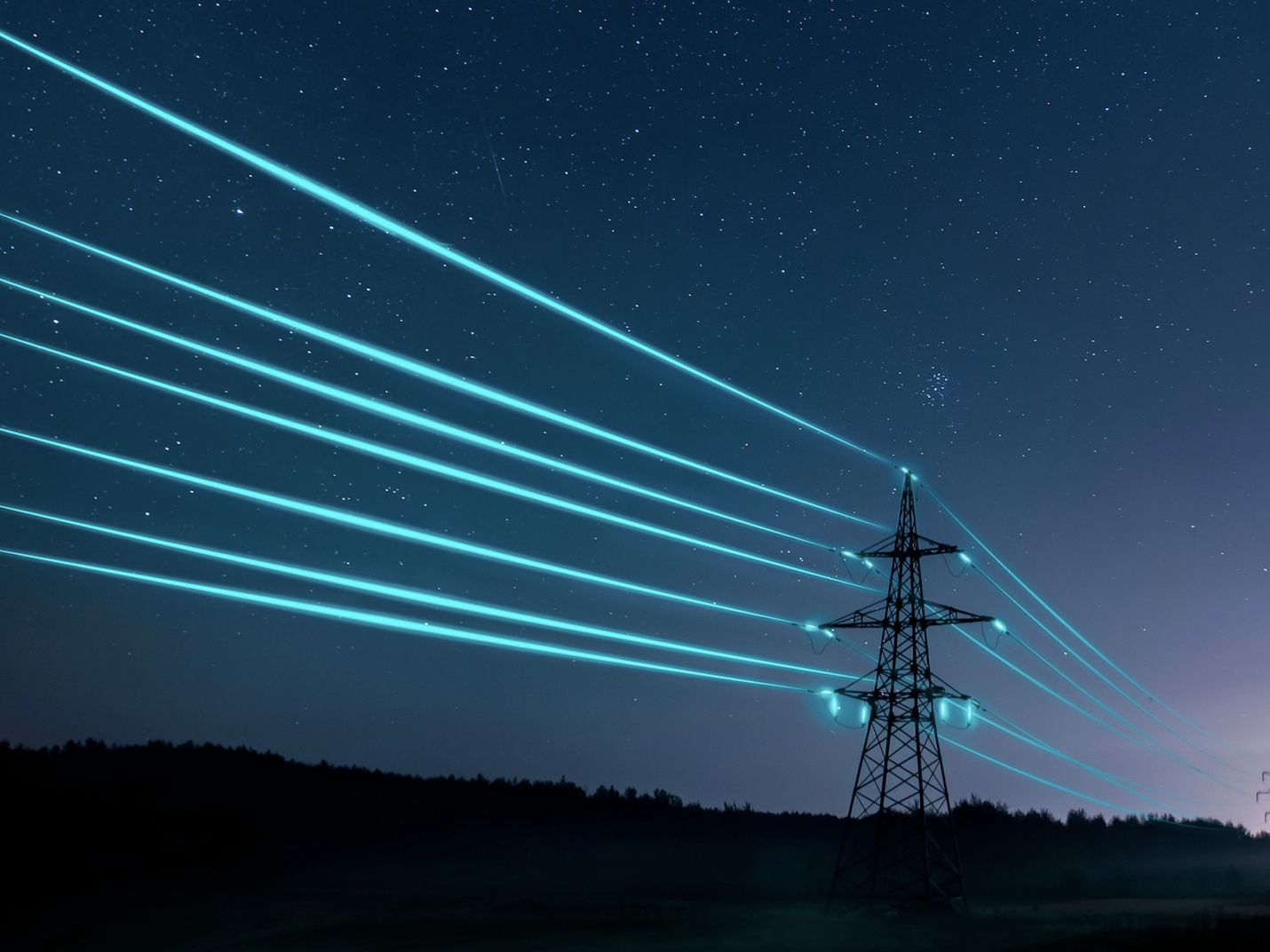 Daljnovod z osvetljenimi kabli, ki ponazarjajo pretok električne energije.