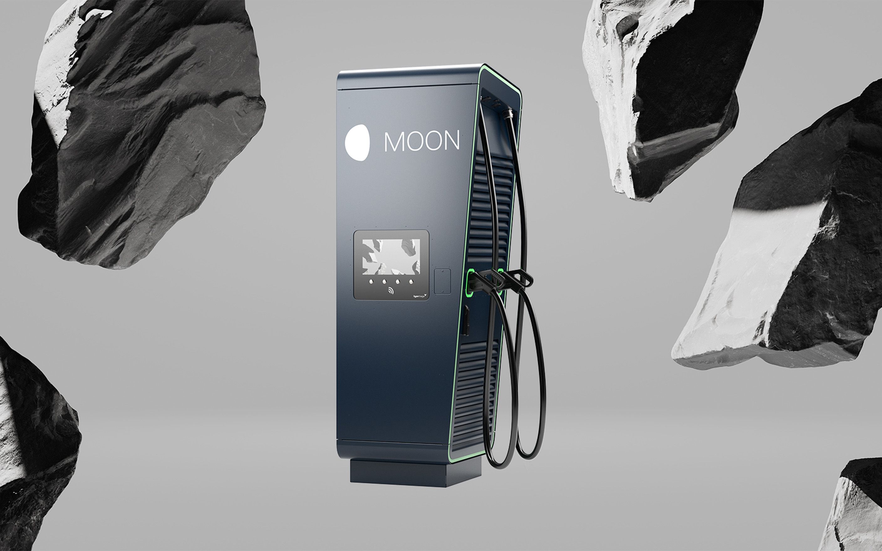MOON POWER Charger HYC 200–400 DC hitra polnilna postaja postavljena med balvani.