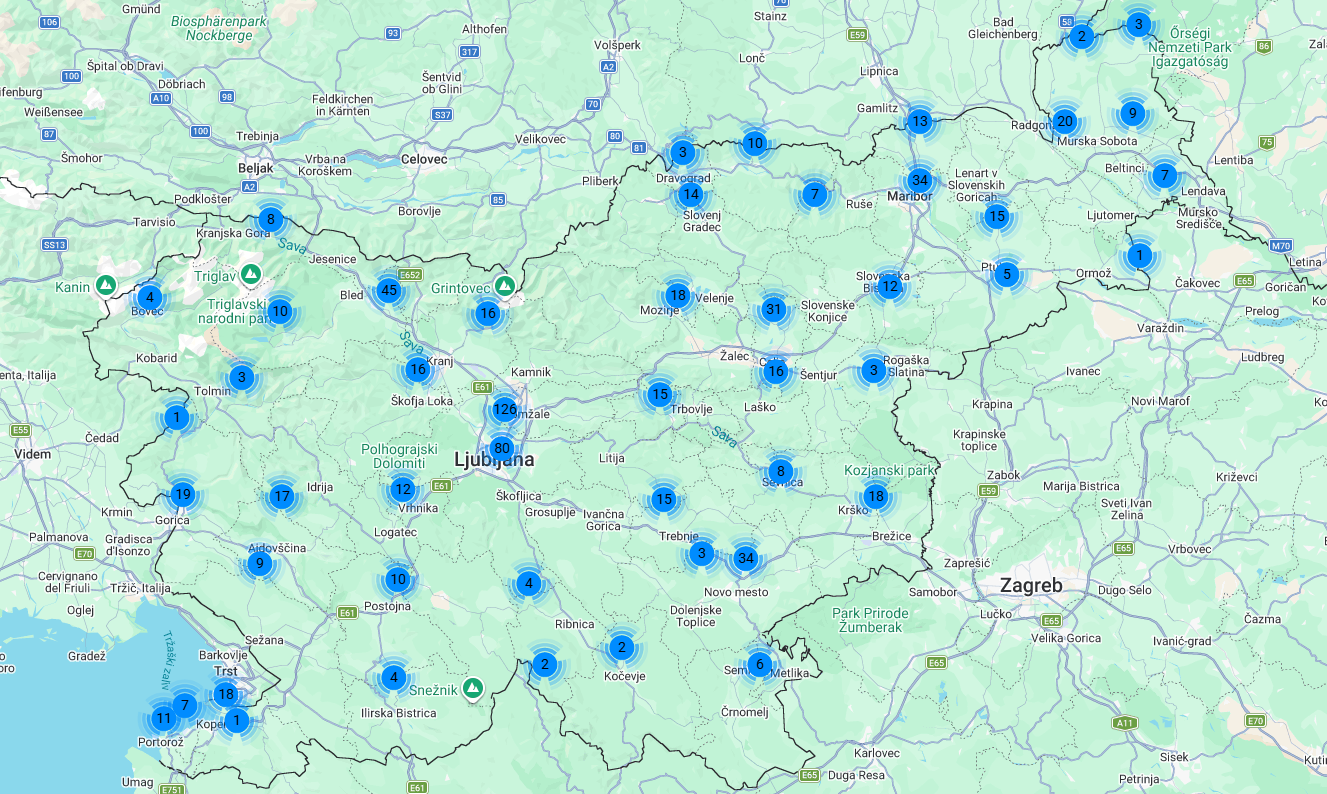 Zemljevid MOON polnilnih postaj z označenimi lokacijami po Sloveniji.
